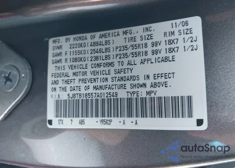 2007 Acura Rdx z USA, uszkodzony, nr VIN 5J8TB18557A012549